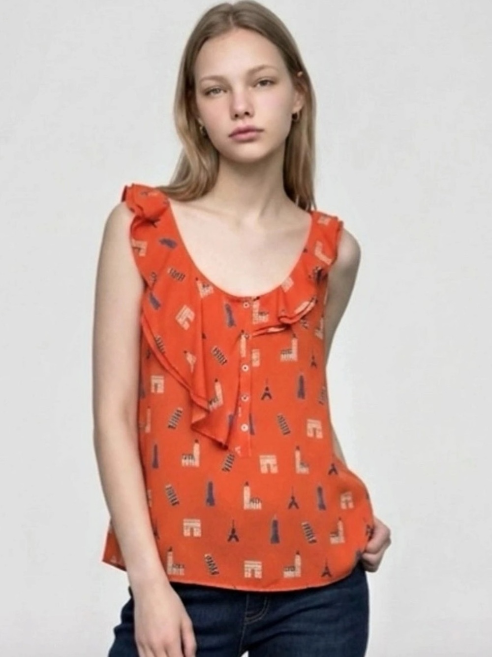 Maeve Anthropologie Aurelie Landmark Print Ruffle High-Low Top Size
